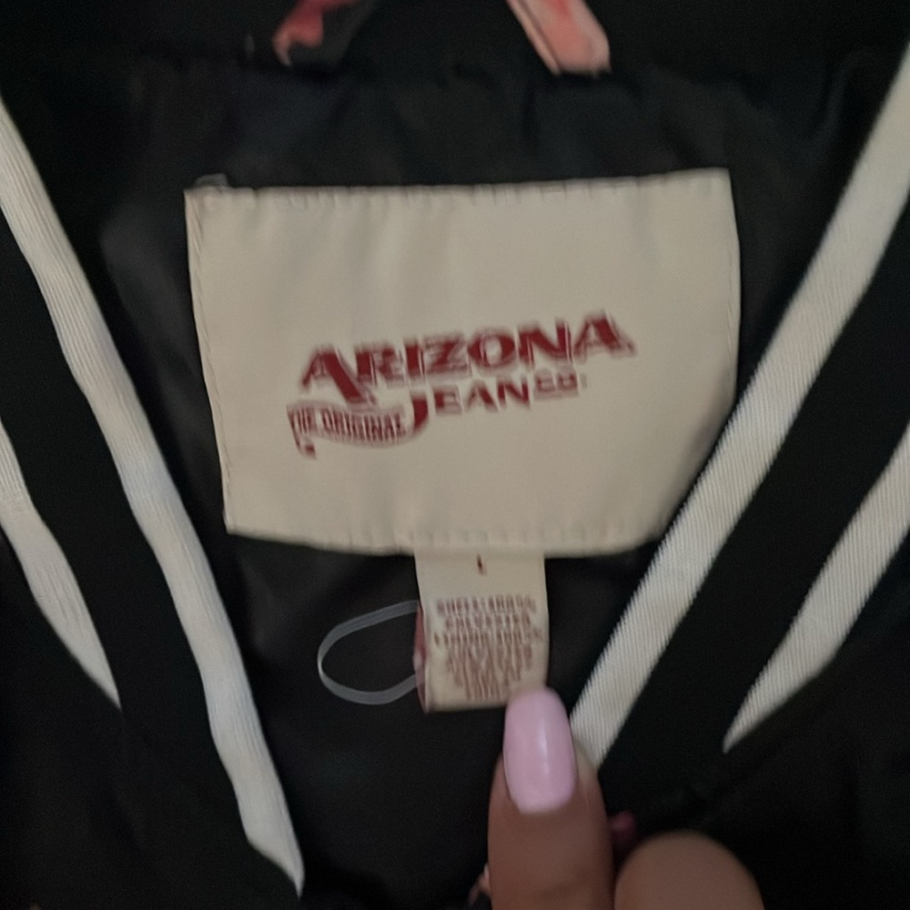 Women’s Arizona Jeans Black and Pink Red Bomber Jacket with Floral Design Size L - Picture 2 of 9